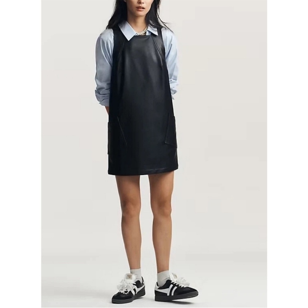 ⭐️ NEW Maeve Anthropologie Small Black Faux Leather Mini Dress With Pockets - Picture 5 of 13